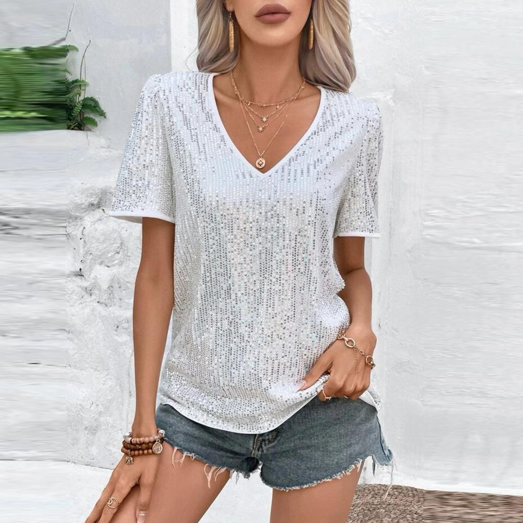 Plus Size Sequins Tops For Women Loose V Neck Short Sleeve Tunic Shirts Dressy Business Casual Party Blouse