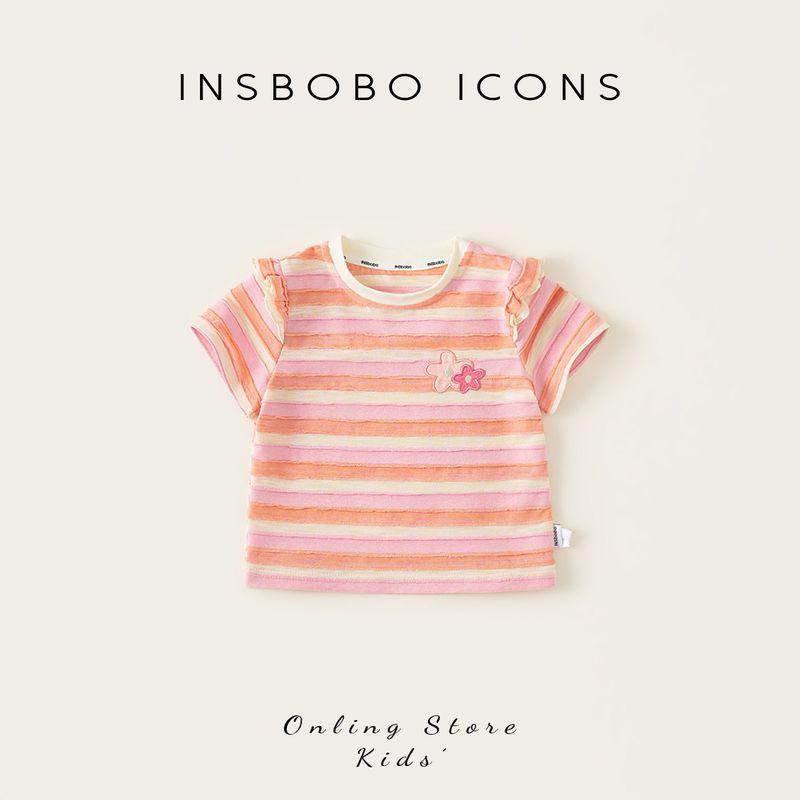 Insbobo Girls  Short-Sleeved 2026 Summer New Style Baby Girl T-Shirt Girl s Top Baby Summer Casual Striped Trendy Clothing Pink 140