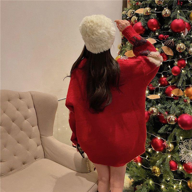 Korean Pullover Sweater Christmas Loose Slouchy Sweater Women Design Sense Versatile Long Sleeve Pullover Sweater Top Fashion