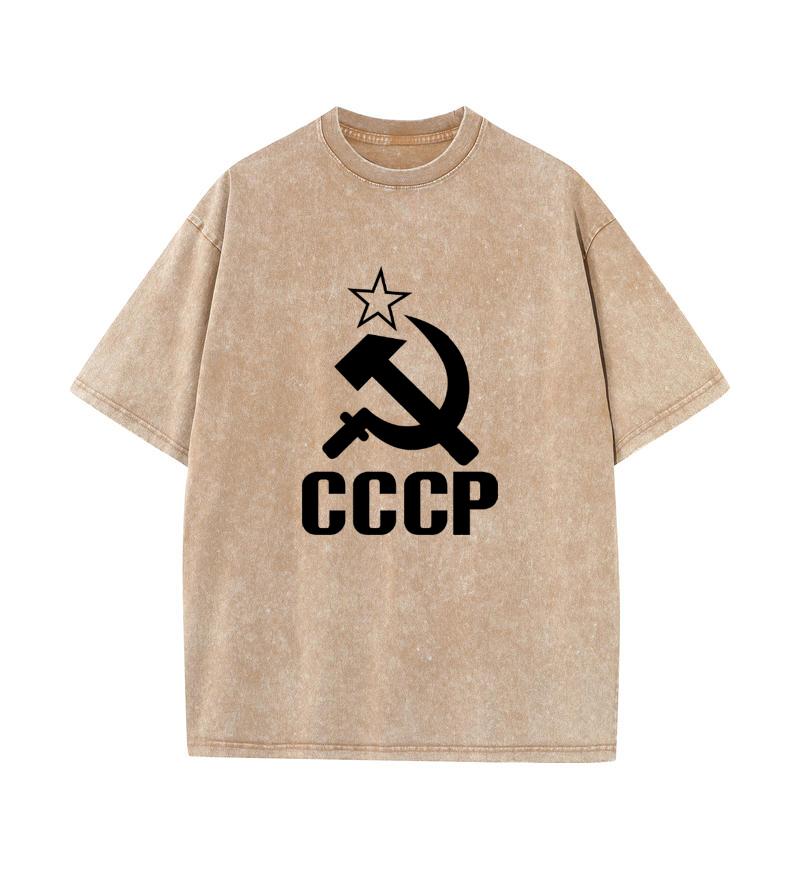 2025 Summer 100% Cotton Washed Old Craft Oversized T Shirt Big Size O-neck Oversized Men T Shirt CCCP Print