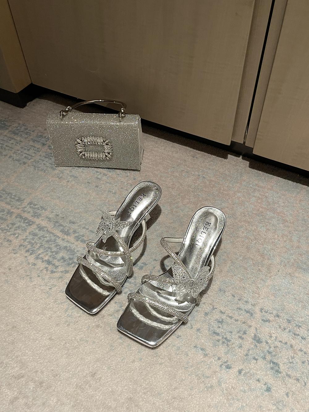 

мода Модные женские туфли-слайды с открытым носком Летние туфли на тонком высоком каблуке Повседневные туфли-лодочки для вечеринок Дамские серебристо-белые туфли для женщин 7.5 серебряный