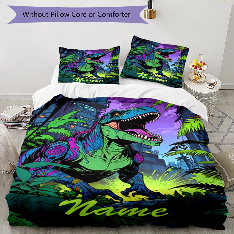 3pcs Custom Name Dinosaur Bedding Set Duvet Cover Closure Includes 1 Duvet Cover & 2 Pillowcases, Soft and Comfortable for All Seasons.