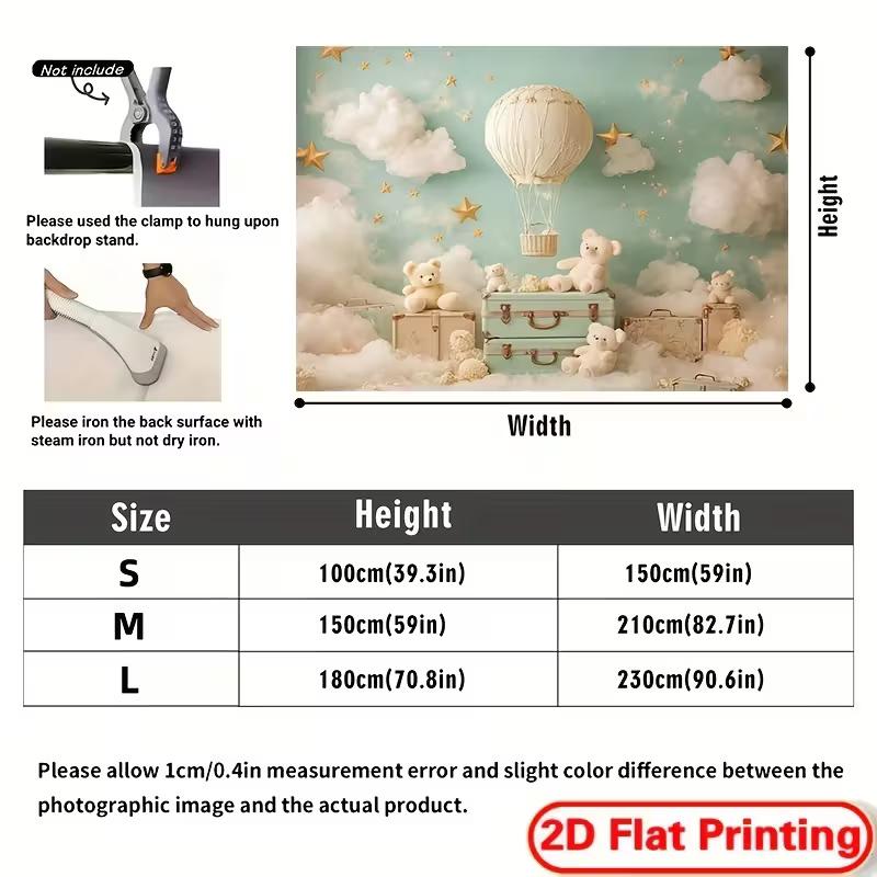 2D Teddy Bear Hot Air Balloon Backdrop Mint Green Cloud Baby Shower Photography Background