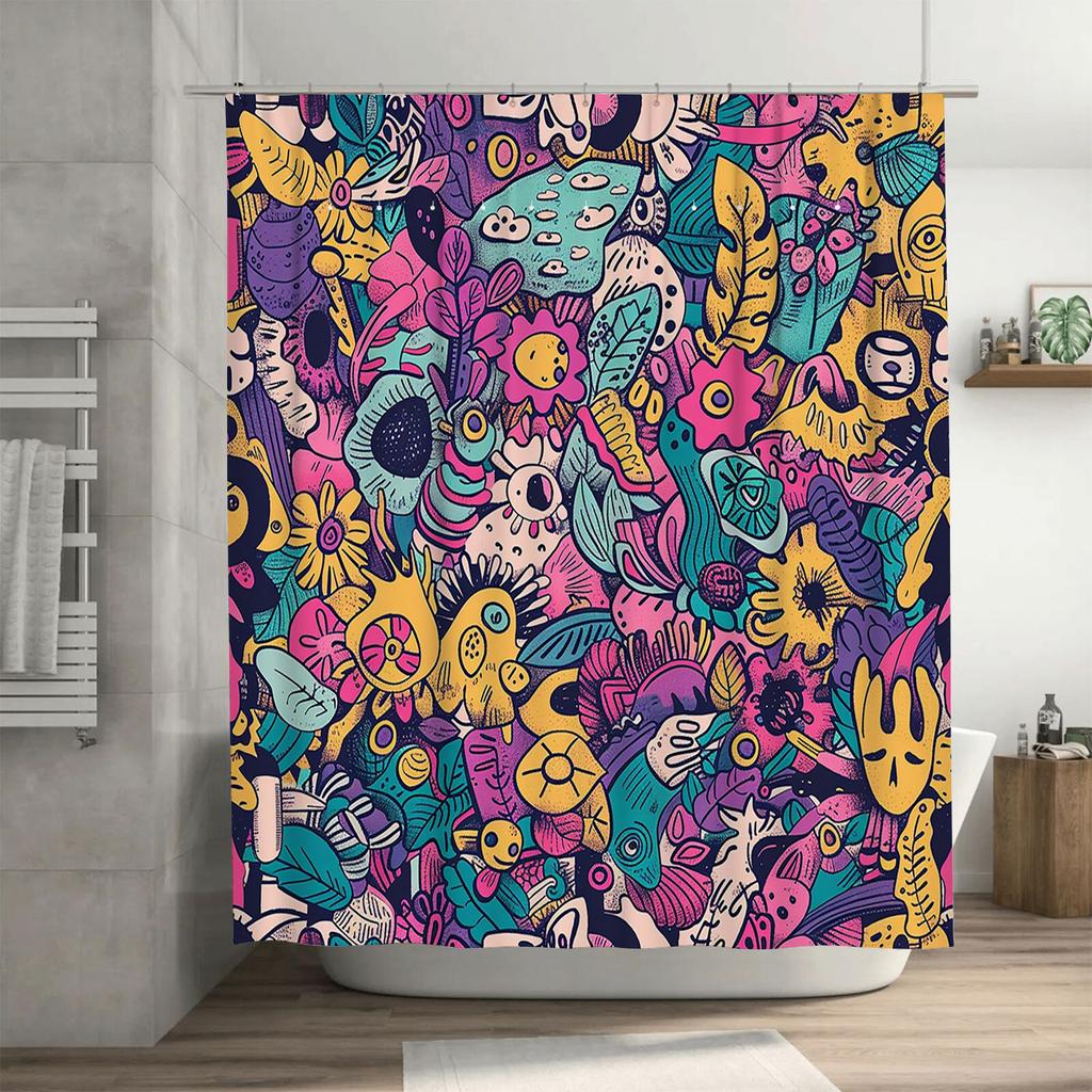 Böhmischer floraler DuschvorhangBunte Badezimmerdekoration mit handgemaltem Design Wasserdichter Stoff für moderne Wohnräume!