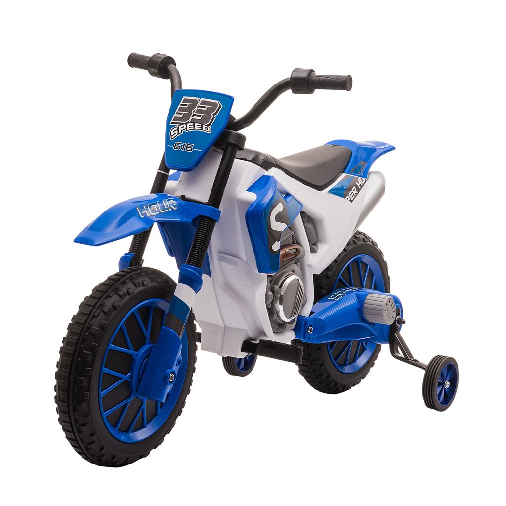 Moto per Bambini, Moto Elettrica, Autonomia 45 Minuti, con Rotelle Ausiliarie, da 3 Anni, Blu+Bianco, 106,5 x 51,5 x 68cm