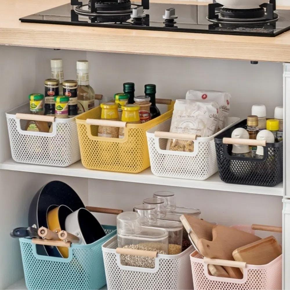 Wood Handle Sundry Storage Basket Rectangle Woven Mesh Basket Household Organizer