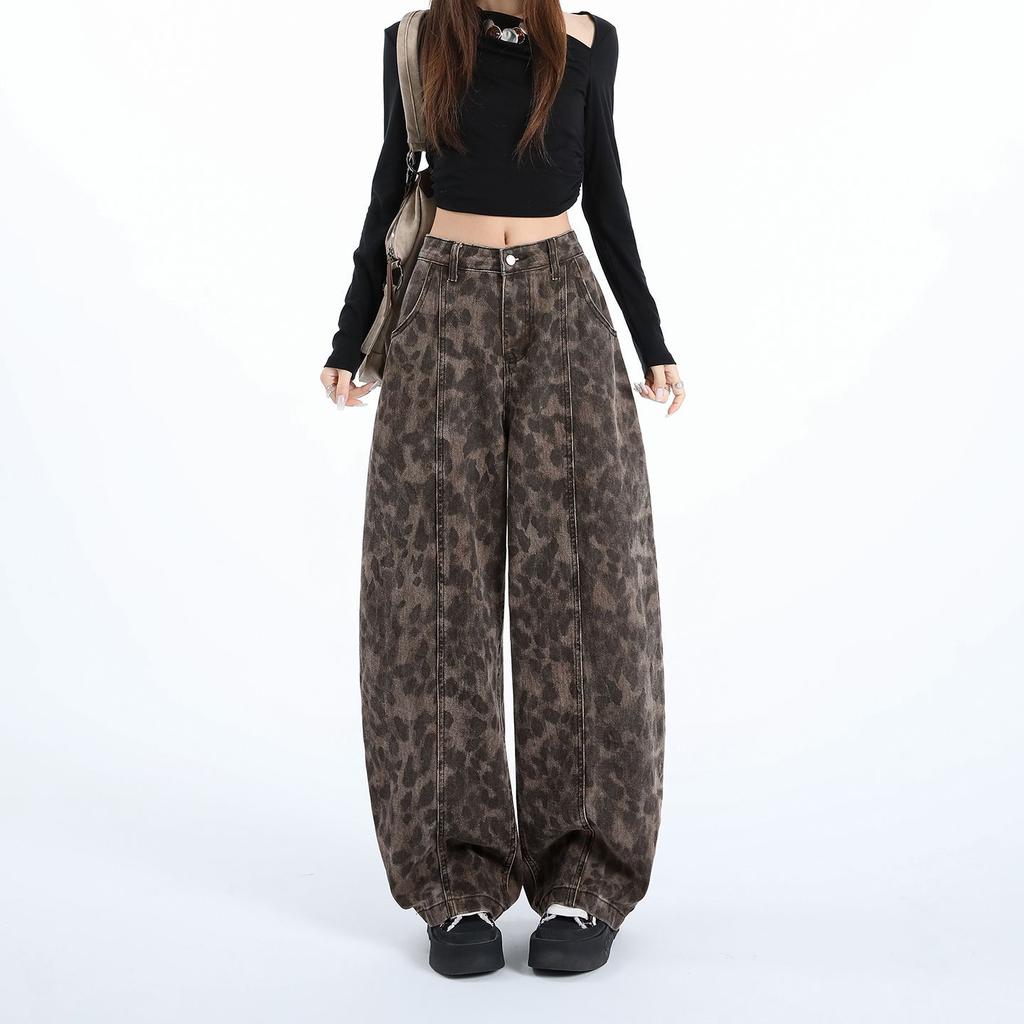Spring Summer Vintage Leopard Print Y2K High Waist Distressed Floor Saber Cut Denim Pants For Ladies Casual Pants Oversize Denim Trousers