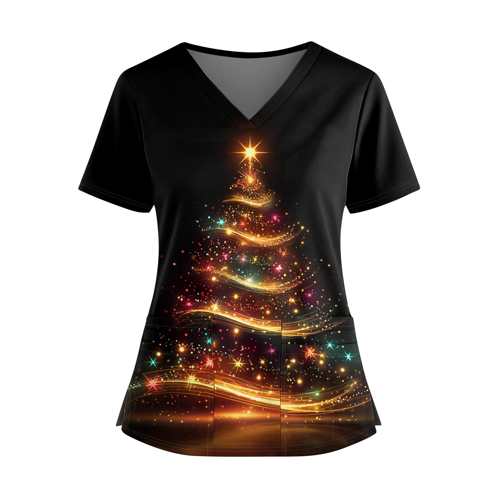 

Женский рождественский топ с принтом, V-образным вырезом, двумя карманами, короткими рукавами, разрезом по подолу, униформа для сиделки L чёрный