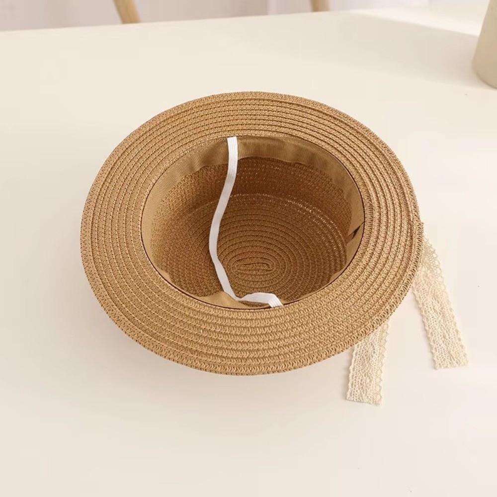 Breathable Kids Straw Hat Lace Bow Sun Visor Cap Simple Children Panama Caps for Girls