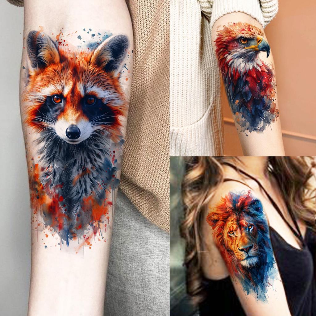 69 Sheets Watercolor Animals Temporary Tattoos Lion Fox Owl Cat Tatoos Long Lasting Waterproof Fake Tattoos Arm Hand Leg Sticker