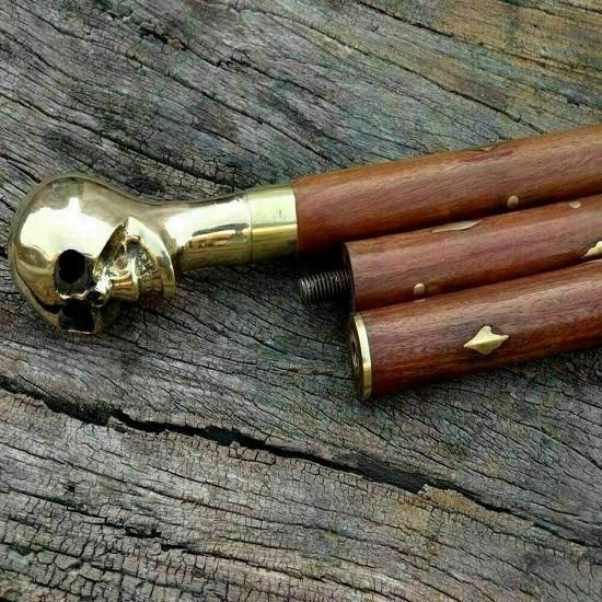 Designer-Gehstock mit Totenkopf-Griff aus Messing, faltbar, aus Holz, 92 cm
