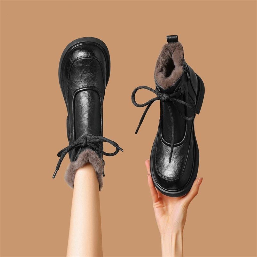 Women's Winter Thick-Soled Martin Boots – British Style, Fleece-Lined, Lace-Up Ankle Boots for Warmth in Snow, Available in Black and Brown.