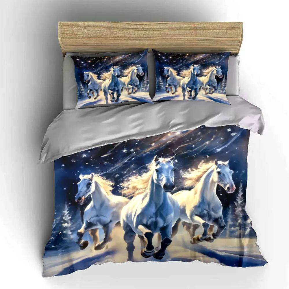 Winter Horses Artistic Print Decor Soft Comfortable Duvet Cover Bedding Set Included 1*Duvet Cover & 2*Pillowcases Gift