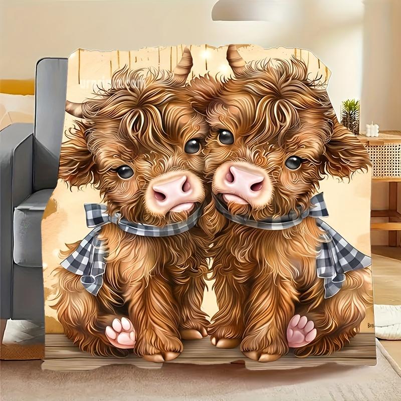 Customization Cute Cartoon Highland Cow Flannel Blanket | Soft Warm All-Season Throw | Perfect For Sofa Bed Office Travel