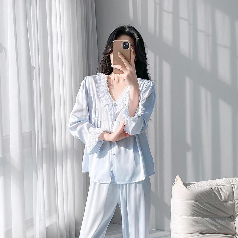 Spring and Summer New Pajamas Women's Long-sleeved Trousers Set, Home Simulation Silk V-neck Comfortable and Breathable Thin Pajamas Set