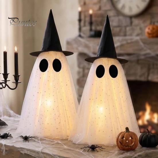 Versatile Holiday Window Display Halloween Ghost Decor, Spooky Sequin Mesh Fabric with Witch Hat/Bow, Healing Style Decor Small Standing Tabletop