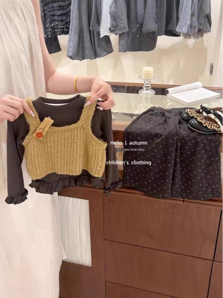 2025 Autumn Korean Girls' Fashion: Knitted Vest, Base Shirt & Pants Three-Piece Set
