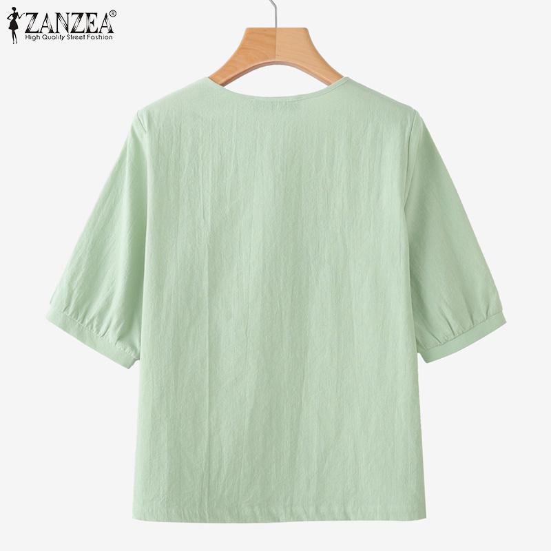ZANZEA Women Casual Round Neck Loose Short Sleeve Cotton Blouse