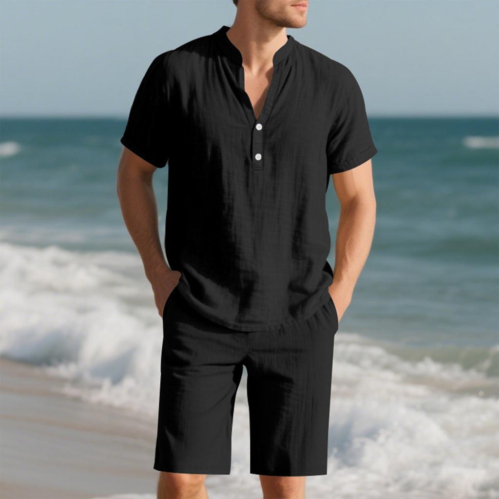 Men's Short Sleeve Shorts Suit Casual Loose Linen Men's Short Sleeve Shorts Suit