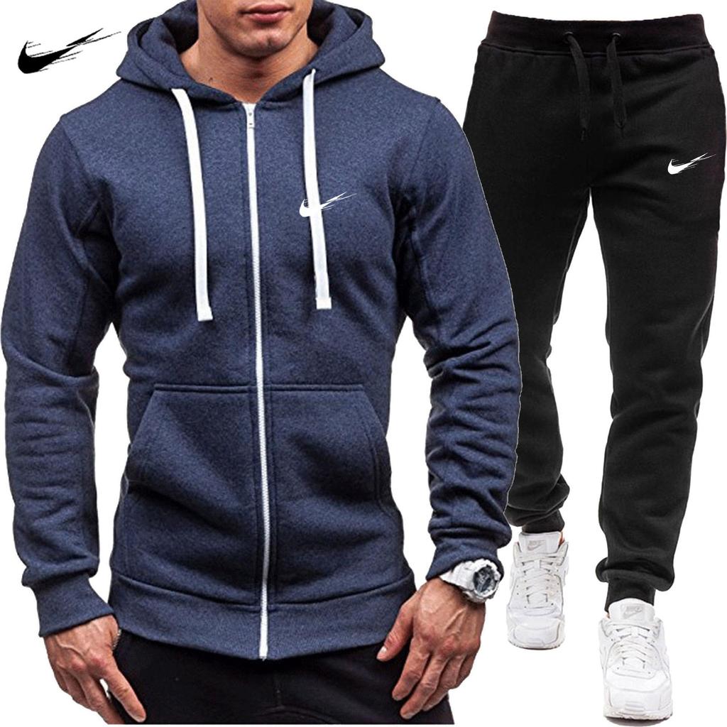 Navy Blue 2024 New Casual Sweatshirt Zipper Hooded Sweatshirt Jacket Men's Solid Color Cardigan Sports Men's Sweatshirt Set