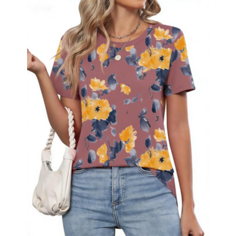 

Summer Crew Neck Short Sleeve Watercolor Floral Print T Shirt Women s Outfits Casual Daily Wear Loose Tees XL