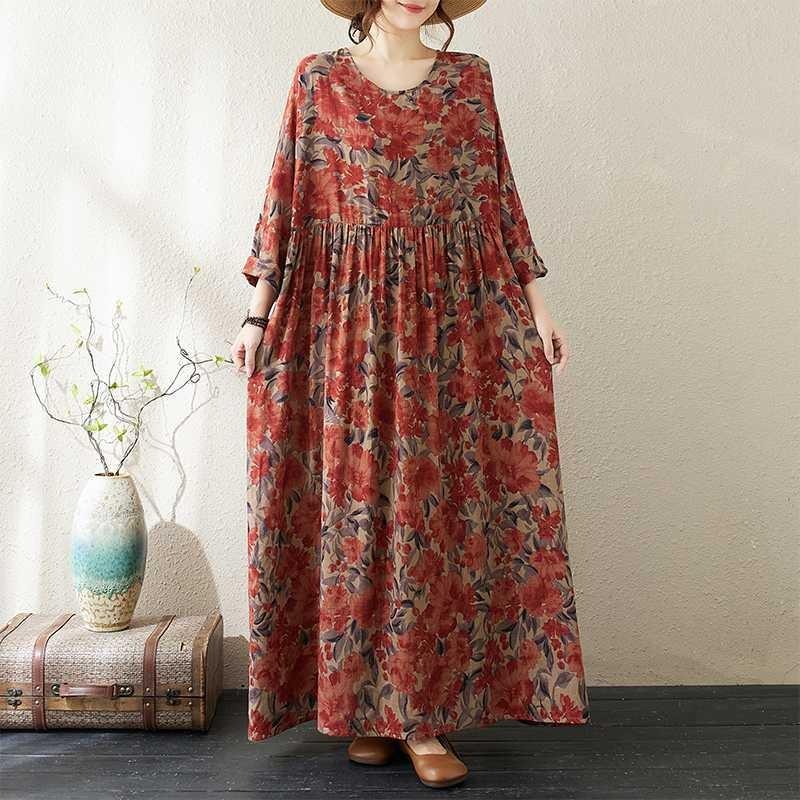 Round Neck Long Sleeve Loose Literary Vacation Style Plus Size Skirt