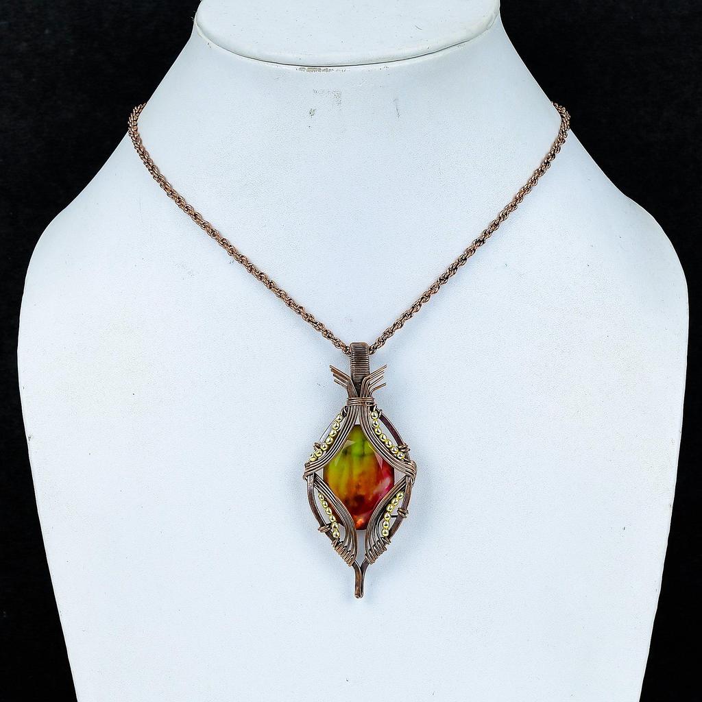 Ammolite Pendant Gemstone Handmade Jewelry, 999 Copper Wire Wrapped Jewelry Pendant, Gift For Wife Jewelry