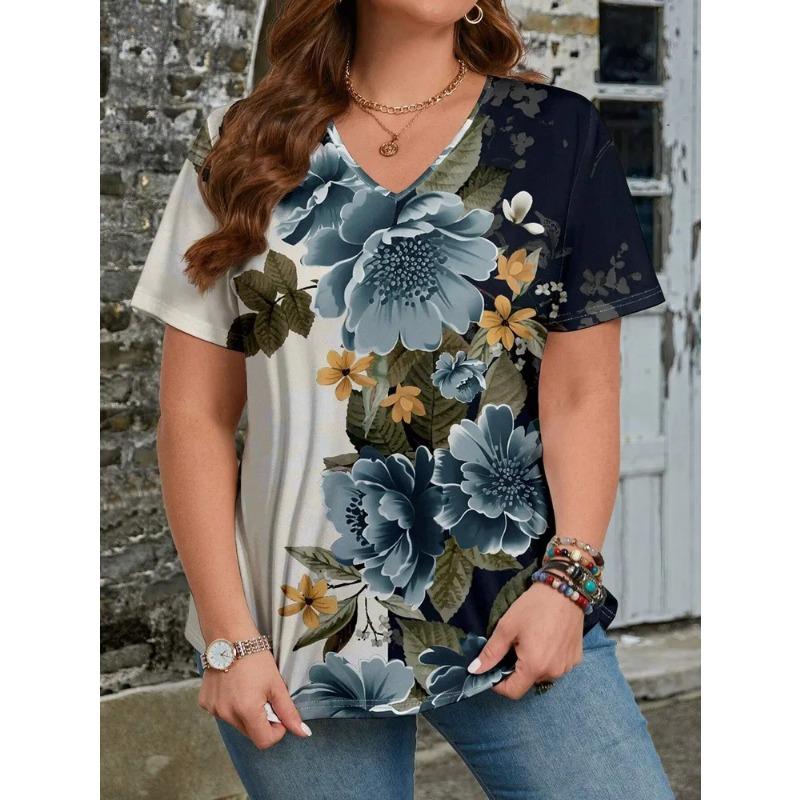 

Модная женская футболка с широким вырезом и цветочным принтом, трендовая футболка с короткими рукавами и V-образным вырезом с 3D-принтом 5XL