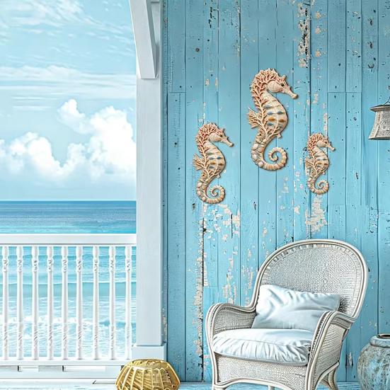 3Pcs Seahorse Wooden Wall Hanging Set, Hawaiian Beach Style, Boxwood Crafted Tropical Party Decor, Coastal Home Bath Ornament, Gift for Beach Lovers