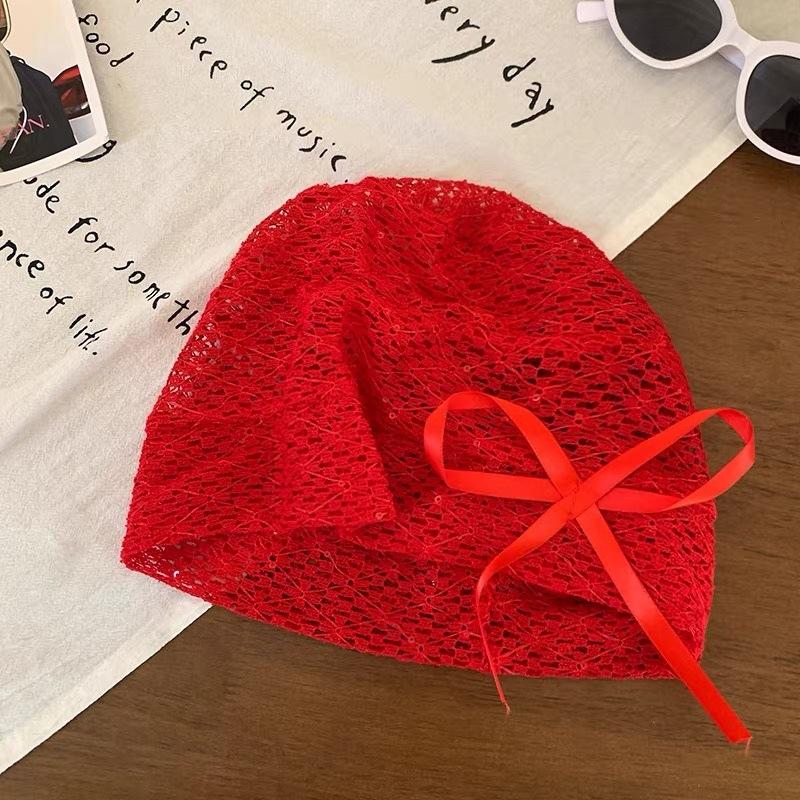 Subculture Lace Hollow Cold Hat Summer Thin Women's Black Japanese Stacking Hat Bow Design Sense Bag Head Hat