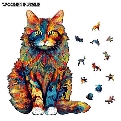 Puzzle en bois chat changeant de couleur Puzzle en bois forme d'animal irrégulière Puzzle haute difficulté Jouet puzzle Anniversaire Noël