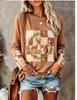 Women Long Sleeve T Shirt Deer Squirrel Patchwork Plaid Wreath Pinecone Snowflake Print Crew Neck Casual Fall Tops