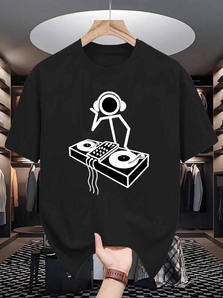 Unisex Crew Neck Tee Cute Stick Figure Dj Turntable Music Print Soft Cotton Loose Short Sleeve Summer Casual Male Streetwear Tops