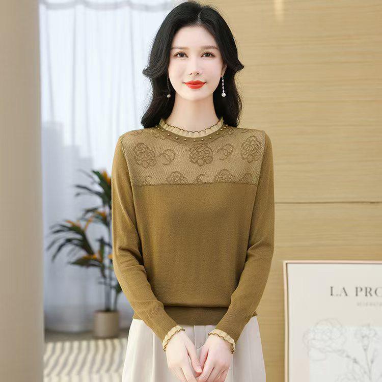 Damen Merino-Wolle Basisschicht mit Spitze und Lochmuster - Altersreduzierender Rundhals-Pullover für Herbst/Winter