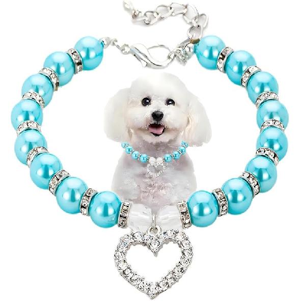 Hot Pink Pearl Dog Necklace, Beaded Cat Collar with Cute Crystal Heart Pendants Girl Dogs Necklace with Diamond Rhinestone for Puppy Small Medium