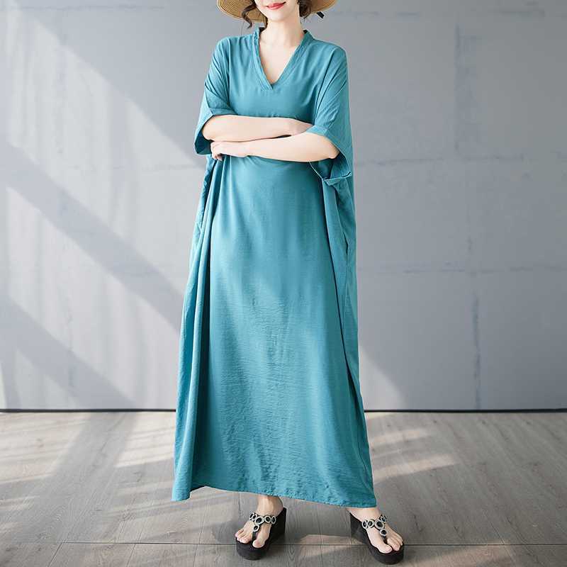 Summer Color V-neck Retro Long Skirt Cotton Linen Dress
