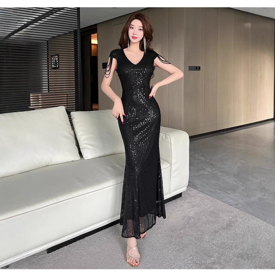 High-end temperament high-end banquet host bright lotus leaf fish tail dress fashion celebrity style evening dress women