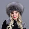 Real Fox Fur Bomber Hat for Women with Leather Thick Warm Sheepskin 56-60cm Lady Winter Caps