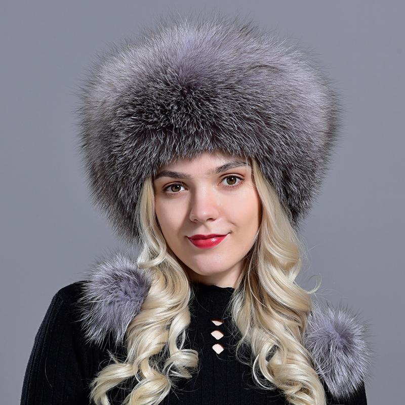 Real Fox Fur Bomber Hat for Women with Leather Thick Warm Sheepskin 56-60cm Lady Winter Caps