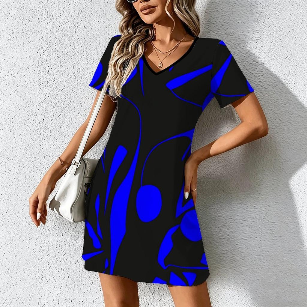 Summer Fashion Women's V Neck Short Sleeve Abstract Pattern  Printed  Dress Sex Short Skirt Dresses