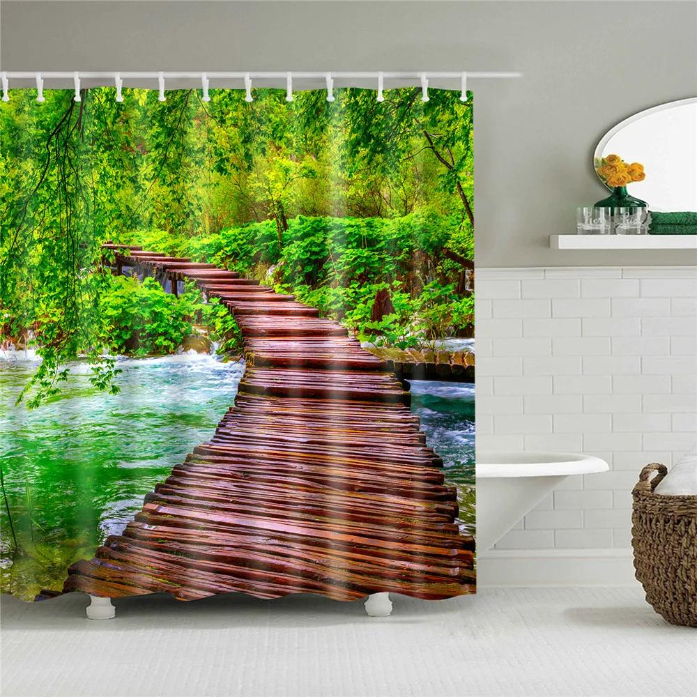 Hot Sale Natural Landscape Wooden Bridge Waterfall Shower Curtain Set Spring Scenery Green Forest 3d Waterproof Hanging Curtains