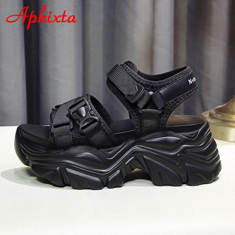 Fashion Aphixta New Buckle Height Increaming Canvas Platfom Sandals Women 3.15 Inch Wedge Heel Shoes Hook & Loop Thick Bottom Slides