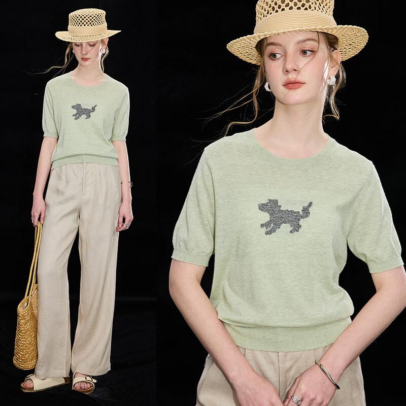 Wudao Women s Jacquard Puppy Linen Tencel Blend Short Sleeve Knit Top XL