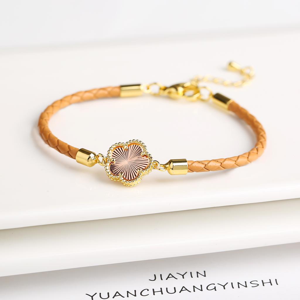 Klassisches geflochtenes Armband mit Charms aus echtem Leder und Naturstein, fünfblättrige Blume, für Damen Mädchen, Party, Hochzeit, Schmuck, Geschenk