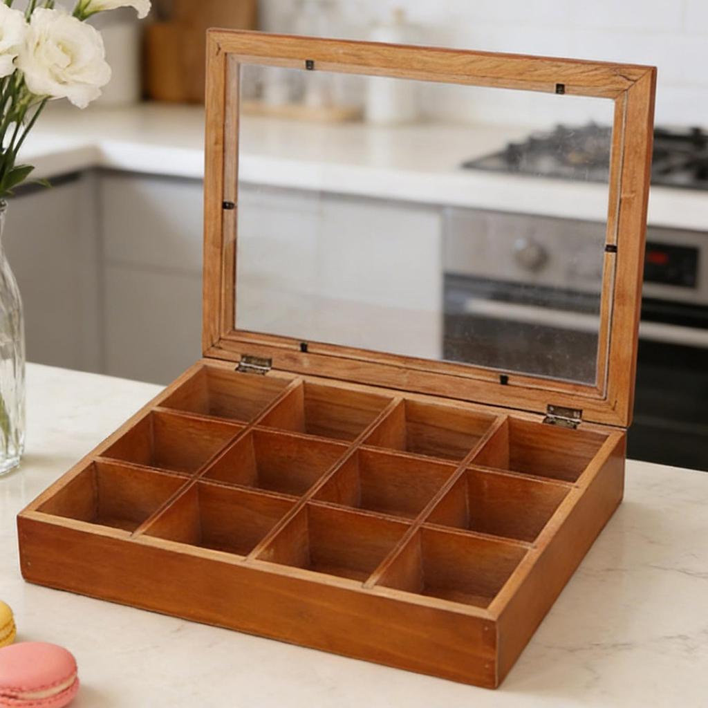 Tea Bag Storage 12-Compartments Wooden Box Tea Storage Organizer with Clear Lid for Home Kitchen Coffee Pantry Snack Packet