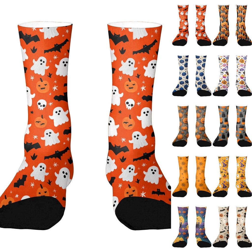 Unisex Breathable Mid-Calf Socks Halloween Pumpkin Pattern Comfortable Stretch Fit Athletic Socks for Everyday Wear