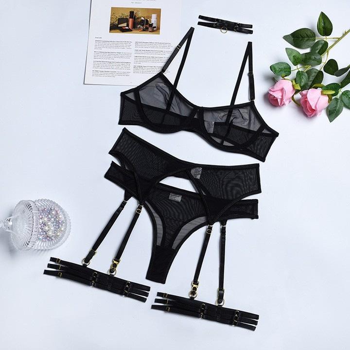 Sexy erotic underwear solid color ultra-thin mesh yarn perspective temptation big chest small thong five-piece set
