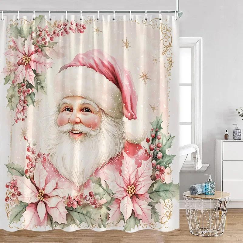 Pink Christmas Snowman Shower Curtains Winter Forest Watercolour Art Xmas New Year Home Bathroom Curtain Decoration With Hooks