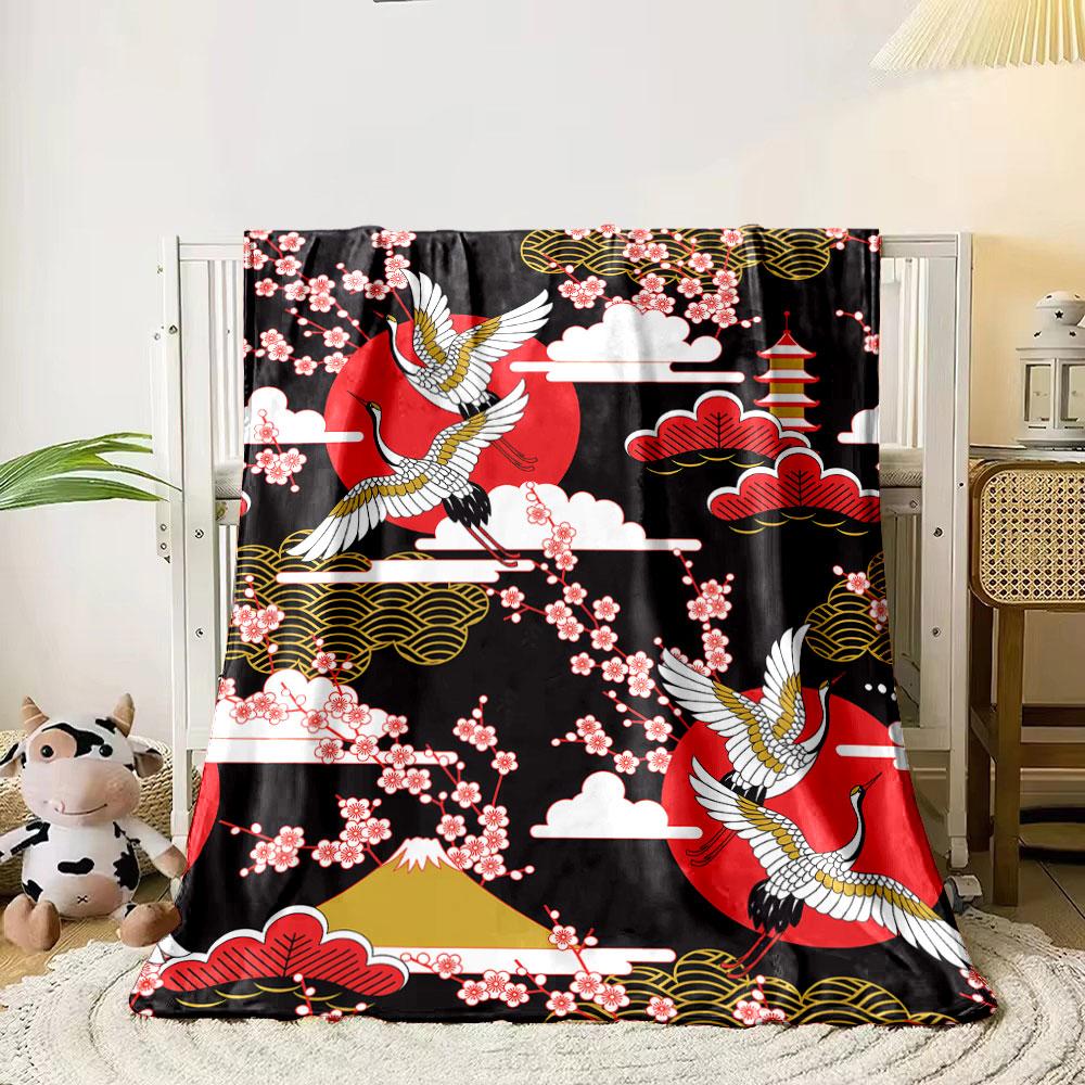 Japanese Style Crane Cherry Blossom Blanket bedroom Blanket for Livingroom Couch lunch break Soft throw for Friend's festival Gift