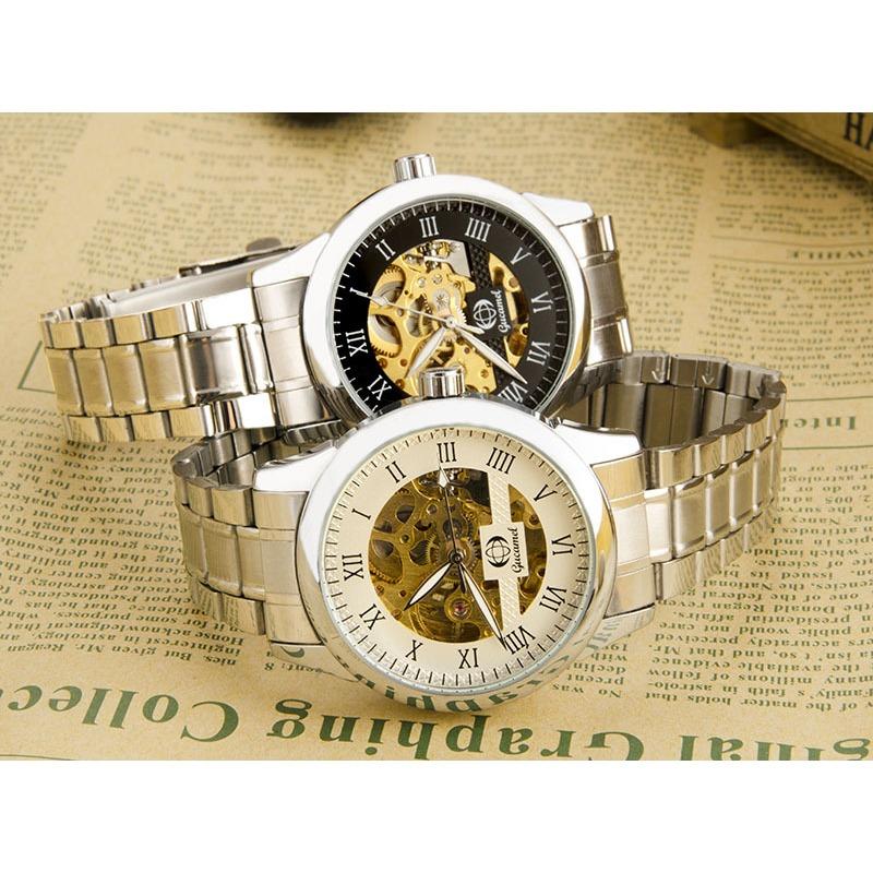 GUCAMEL Módní mechanické hodinky s římskými číslicemi, duté mechanické pánské hodinky, pánské hodinky